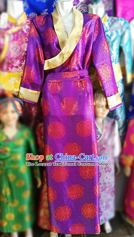 Chinese Traditional Tibetan Folk Dance Purple Dress Zang Nationality Ethnic Costume for Women