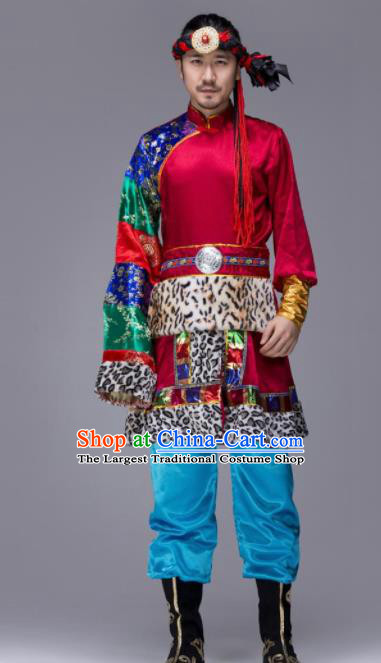 Chinese Traditional Tibetan Ethnic Folk Dance Costume Zang Nationality Dance Wine Red Clothing for Men