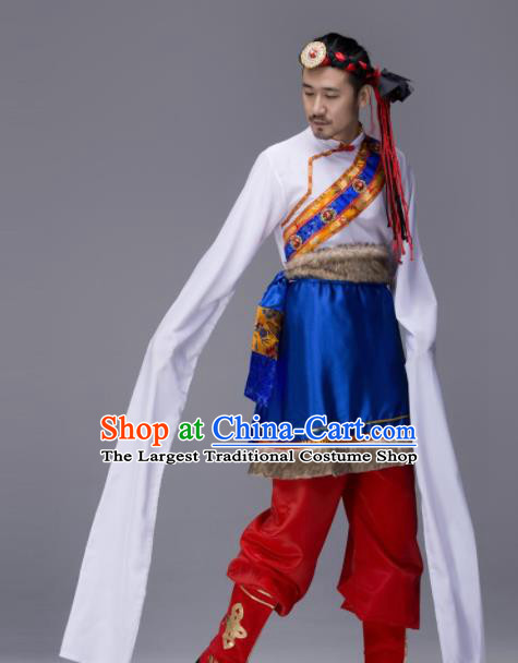 Chinese Traditional Tibetan Ethnic Water Sleeve Costume Zang Nationality Folk Dance Clothing for Men