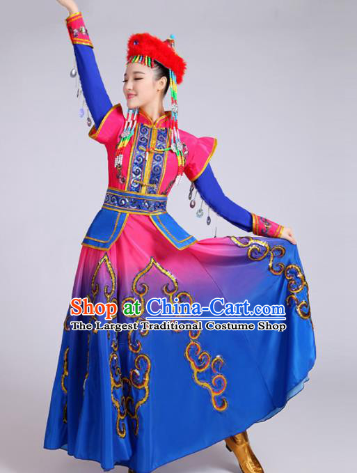 Chinese Traditional Mongolion Ethnic Folk Dance Costume Mongol Nationality Dance Blue Dress for Women