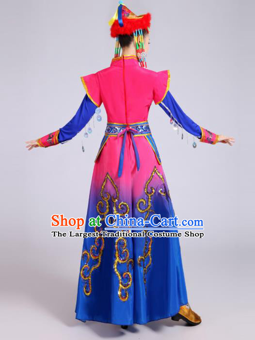 Chinese Traditional Mongolion Ethnic Folk Dance Costume Mongol Nationality Dance Blue Dress for Women