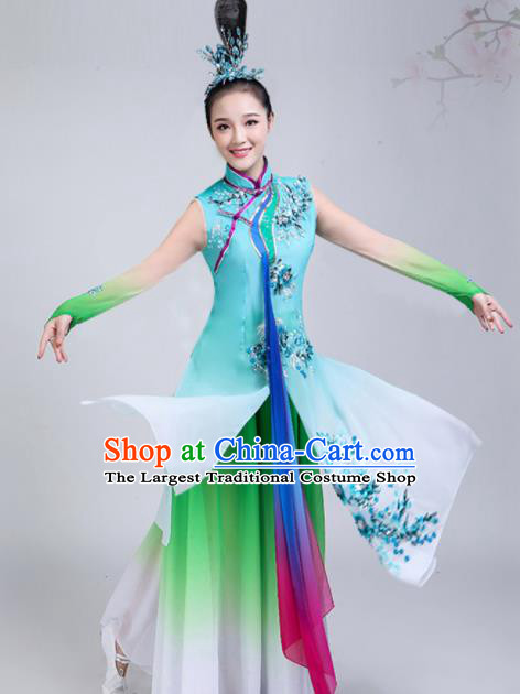 Chinese Traditional Stage Performance Umbrella Dance Green Costume Classical Dance Group Dance Dress for Women