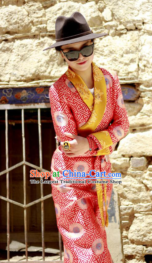 Chinese Traditional Tibetan Heishui Dance Red Dress Zang Nationality Ethnic Costume for Women