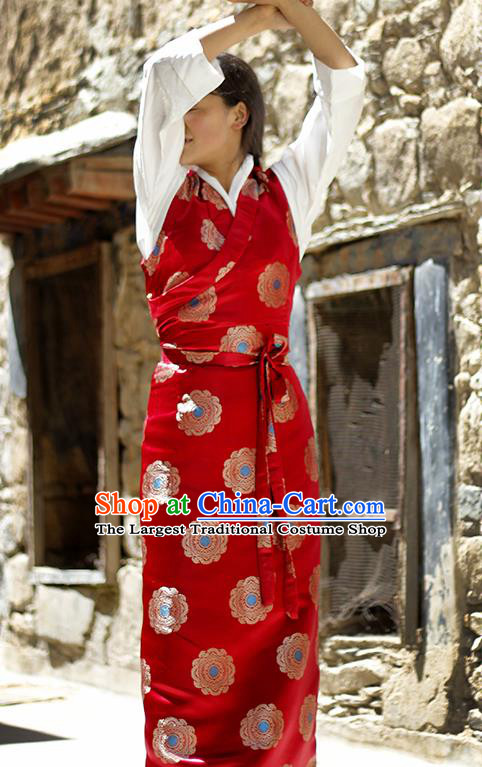 Chinese Traditional Tibetan Red Dress Zang Nationality Heishui Dance Ethnic Costume for Women