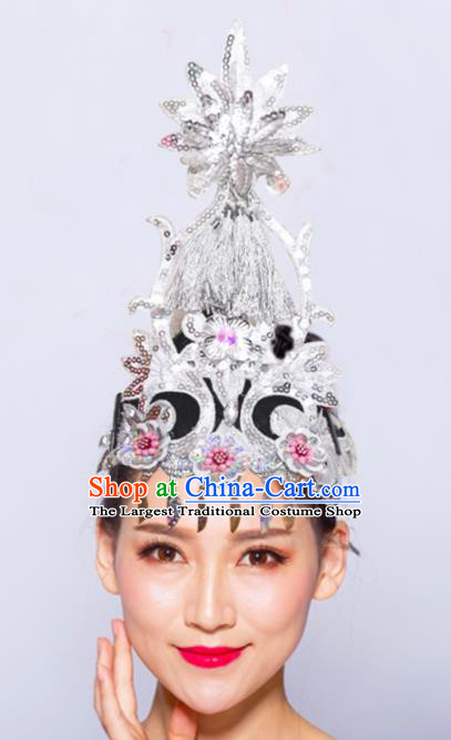 Chinese Traditional Folk Dance Hair Accessories Stage Performance Yangko Dance Argent Flowers Headwear for Women