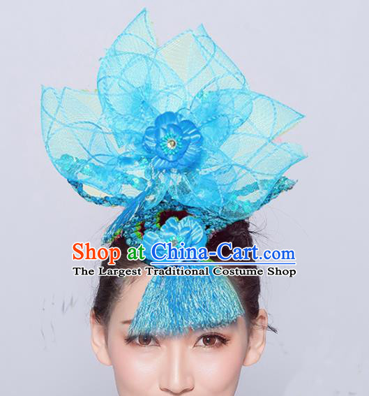 Chinese Traditional Folk Dance Hair Accessories Stage Performance Yangko Dance Blue Veil Headwear for Women