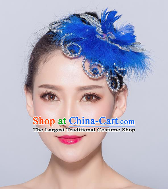 Chinese Traditional Folk Dance Deep Blue Feather Hair Accessories Stage Performance Yangko Dance Hair Stick for Women