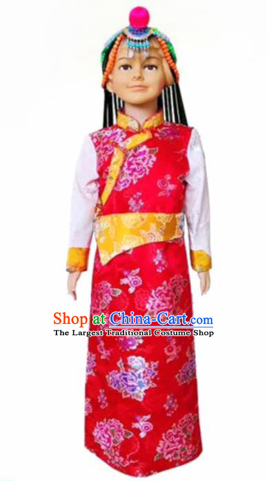 Chinese Traditional Tibetan Girls Kham Red Dress Zang Nationality Heishui Dance Ethnic Costumes for Kids