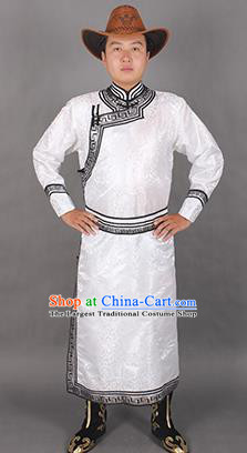 Chinese Traditional Mongol Ethnic Costume Nationality White Brocade Mongolian Robe for Men