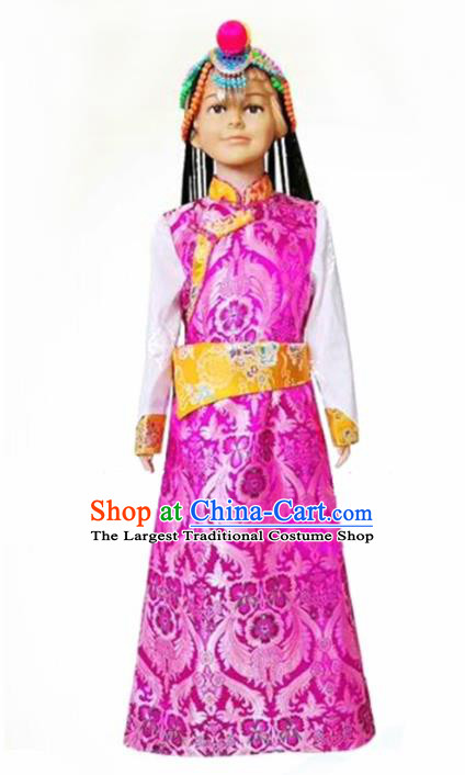 Chinese Traditional Tibetan Girls Kham Rosy Dress Zang Nationality Heishui Dance Ethnic Costumes for Kids
