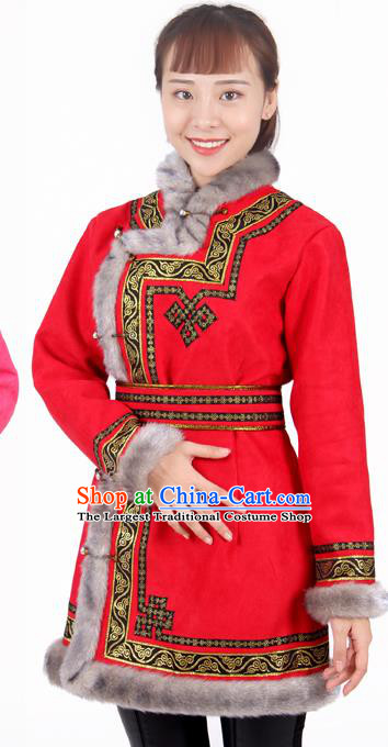 Chinese Traditional Mongolian Ethnic Red Suede Fabric Coat Mongol Nationality Folk Dance Costumes for Women