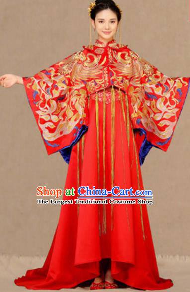 Traditional Chinese Embroidered Phoenix Trailing Wedding Dress Ancient Bride Red Xiu He Costume for Women