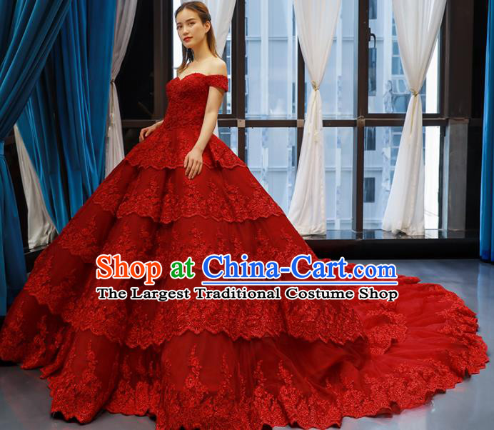 Top Grade Compere Red Lace Full Dress Princess Embroidered Wedding Dress Costume for Women