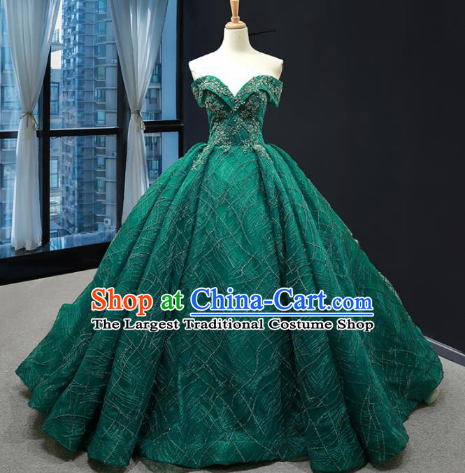 Top Grade Compere Green Flat Shouders Full Dress Princess Wedding Dress Costume for Women