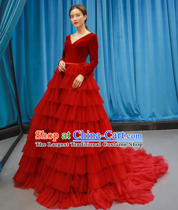 Top Grade Compere Full Dress Princess Red Veil Trailing Wedding Dress Costume for Women