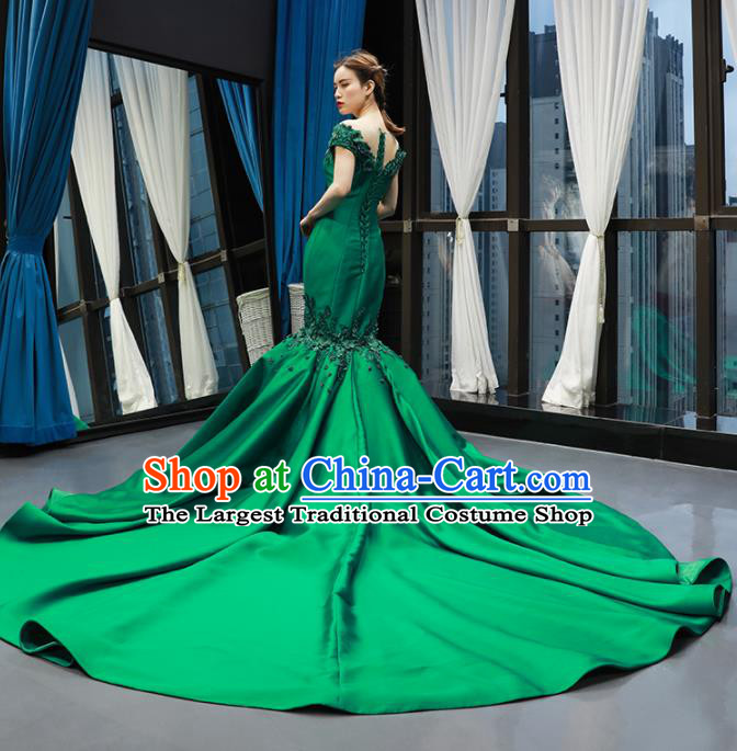 Top Grade Compere Green Satin Fishtail Trailing Full Dress Princess Wedding Dress Costume for Women