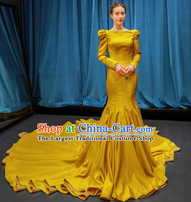Top Grade Compere Yellow Trailing Full Dress Princess Wedding Dress Costume for Women