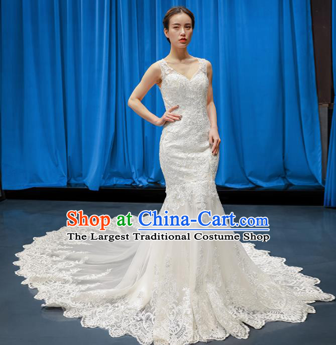 Top Grade Wedding Gown Bride Costume White Lace Trailing Full Dress Princess Dress for Women