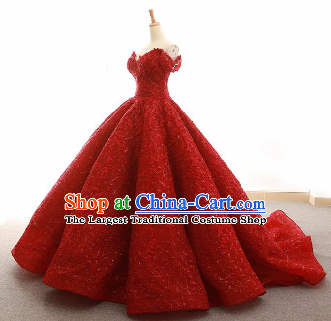 Top Grade Compere Trailing Full Dress Princess Red Wedding Dress Costume for Women