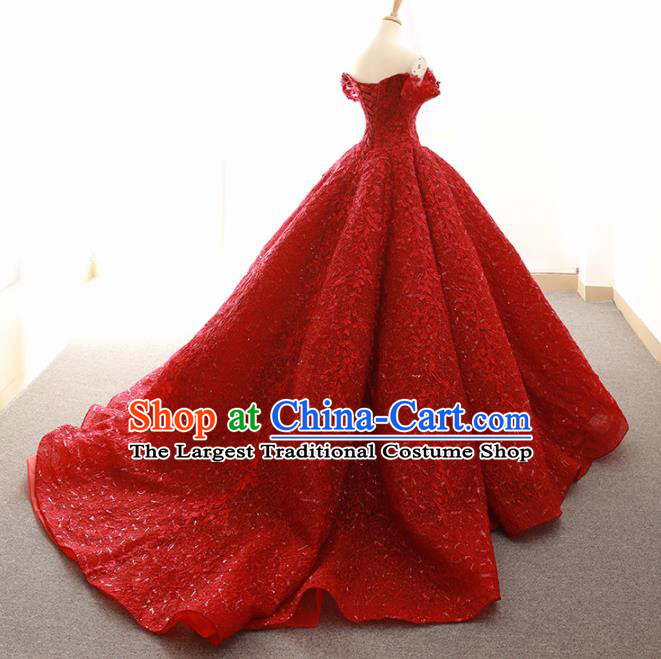 Top Grade Compere Trailing Full Dress Princess Red Wedding Dress Costume for Women