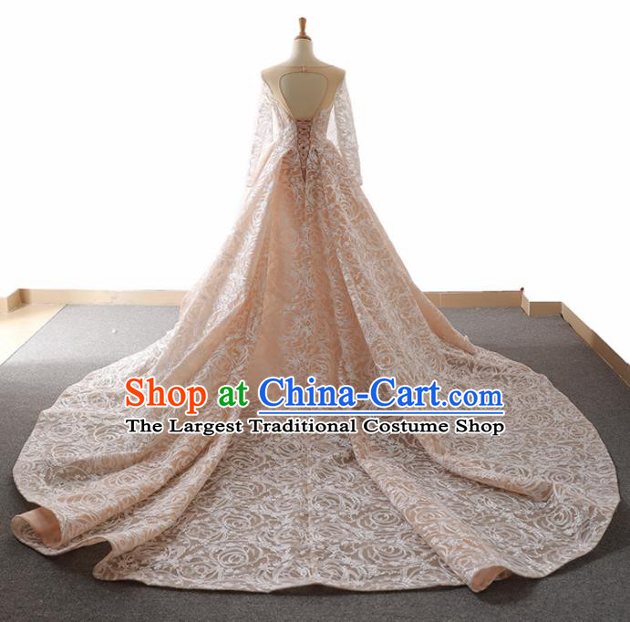 Top Grade Compere Trailing Full Dress Princess Pink Lace Wedding Dress Costume for Women