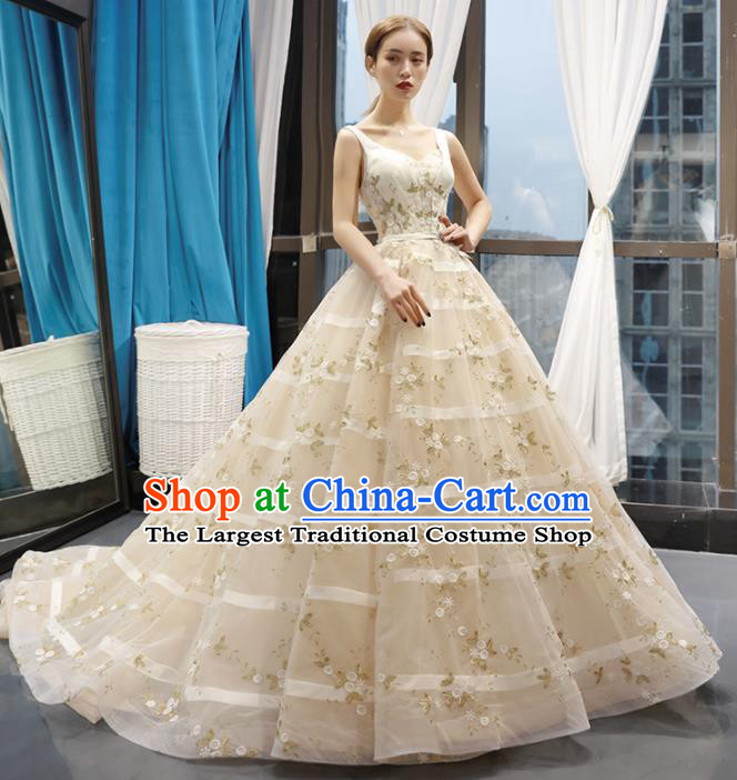 Top Grade Compere Beige Trailing Full Dress Princess Embroidered Wedding Dress Costume for Women