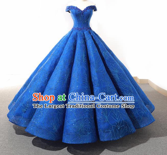 Top Grade Compere Blue Bubble Full Dress Princess Embroidered Wedding Dress Costume for Women