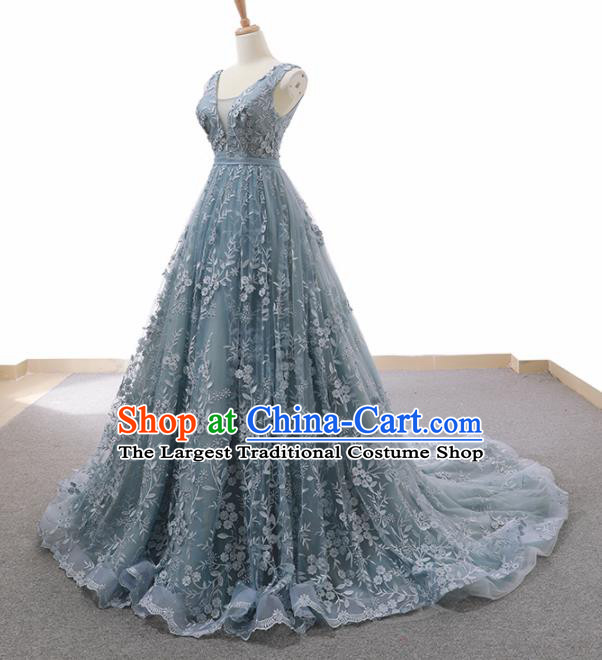 Top Grade Compere Blue Veil Trailing Full Dress Princess Wedding Dress Costume for Women