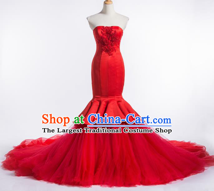 Top Grade Compere Red Veil Fishtail Full Dress Princess Embroidered Wedding Dress Costume for Women