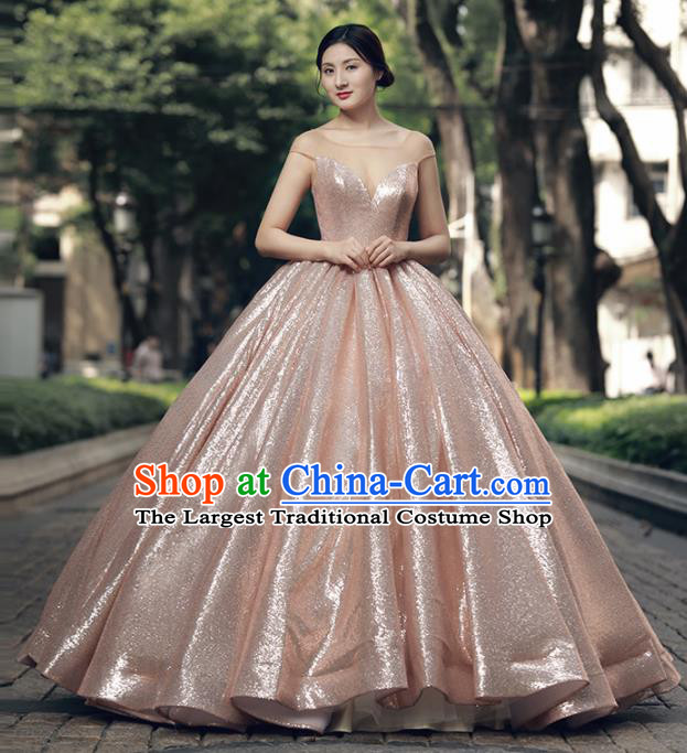 Top Grade Compere Pink Paillette Bubble Full Dress Princess Embroidered Wedding Dress Costume for Women