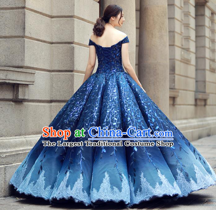 Top Grade Compere Royalblue Bubble Full Dress Princess Embroidered Wedding Dress Costume for Women