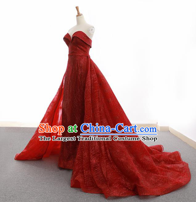 Top Grade Compere Wine Red Veil Trailing Full Dress Princess Embroidered Wedding Dress Costume for Women
