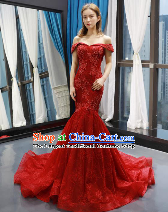 Top Grade Compere Red Trailing Full Dress Princess Fishtail Wedding Dress Costume for Women