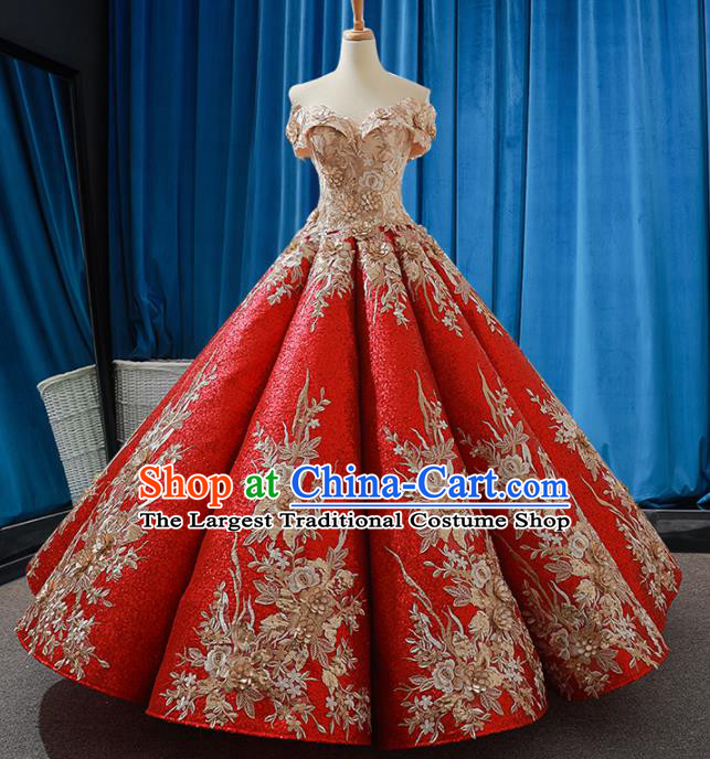 Top Grade Compere Embroidered Red Full Dress Princess Wedding Dress Costume for Women