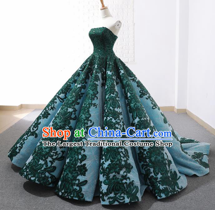 Top Grade Compere Embroidered Green Trailing Full Dress Princess Wedding Dress Costume for Women