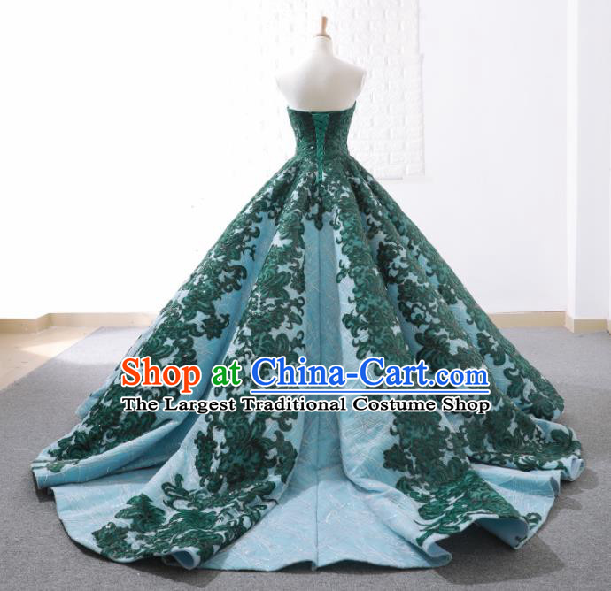 Top Grade Compere Embroidered Green Trailing Full Dress Princess Wedding Dress Costume for Women