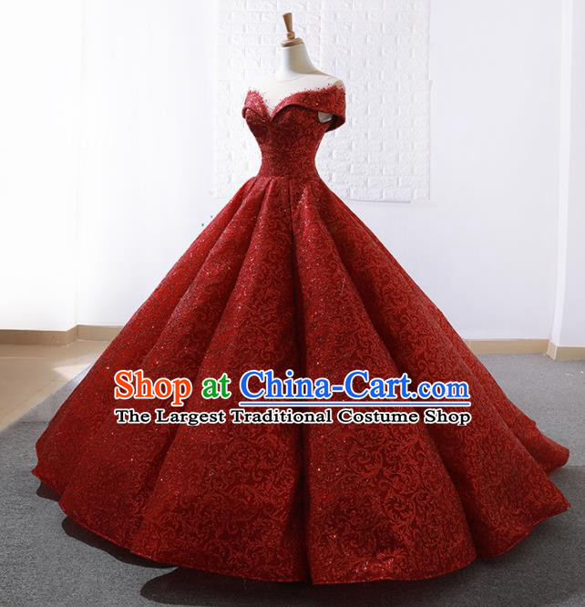 Top Grade Compere Embroidered Red Paillette Full Dress Princess Trailing Wedding Dress Costume for Women