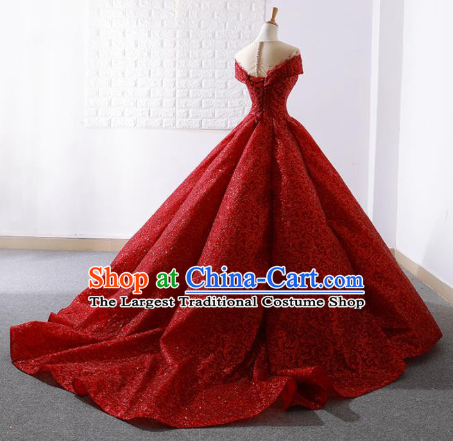 Top Grade Compere Embroidered Red Paillette Full Dress Princess Trailing Wedding Dress Costume for Women