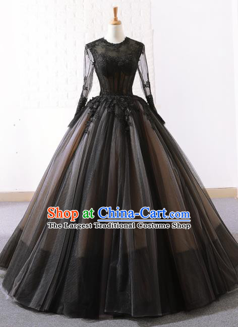 Top Grade Compere Embroidered Black Veil Full Dress Princess Trailing Wedding Dress Costume for Women