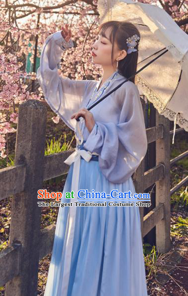 Chinese Traditional Blue Hanfu Dress Ancient Tang Dynasty Court Princess Embroidered Costume for Women