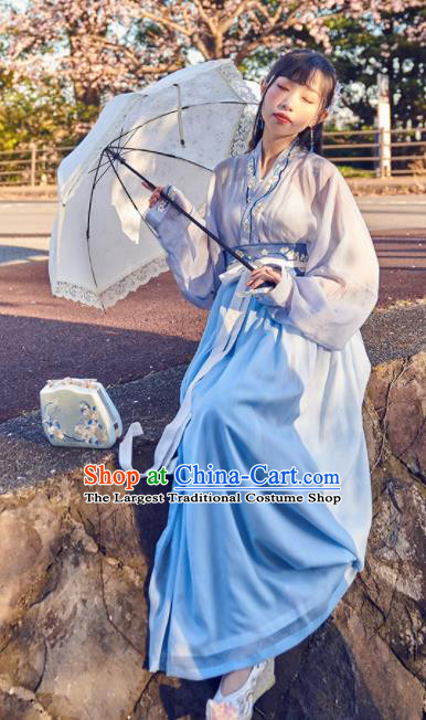 Chinese Traditional Blue Hanfu Dress Ancient Tang Dynasty Court Princess Embroidered Costume for Women