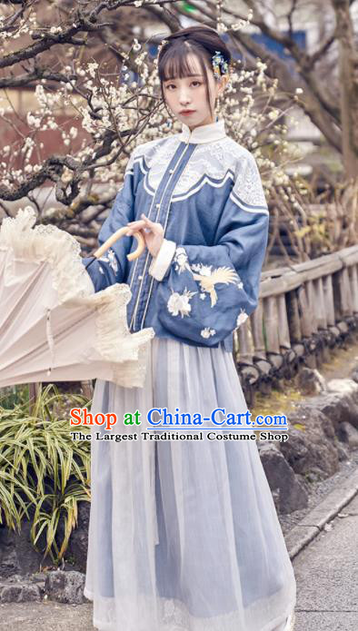 Chinese Traditional Blue Hanfu Dress Ancient Ming Dynasty Nobility Lady Embroidered Costume for Women
