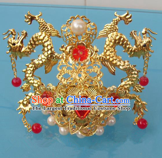 Chinese Traditional God of Wealth Hair Accessories Ancient Prince Red Crystal Dragon Hairdo Crown for Men