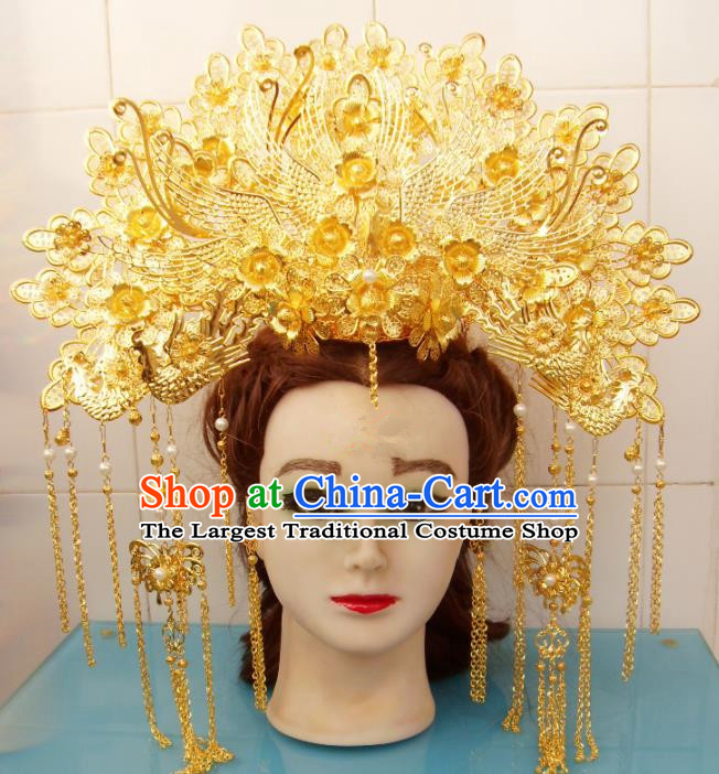 Chinese Traditional Goddess Hair Accessories Ancient Princess Hairpins Golden Flowers Phoenix Coronet for Women
