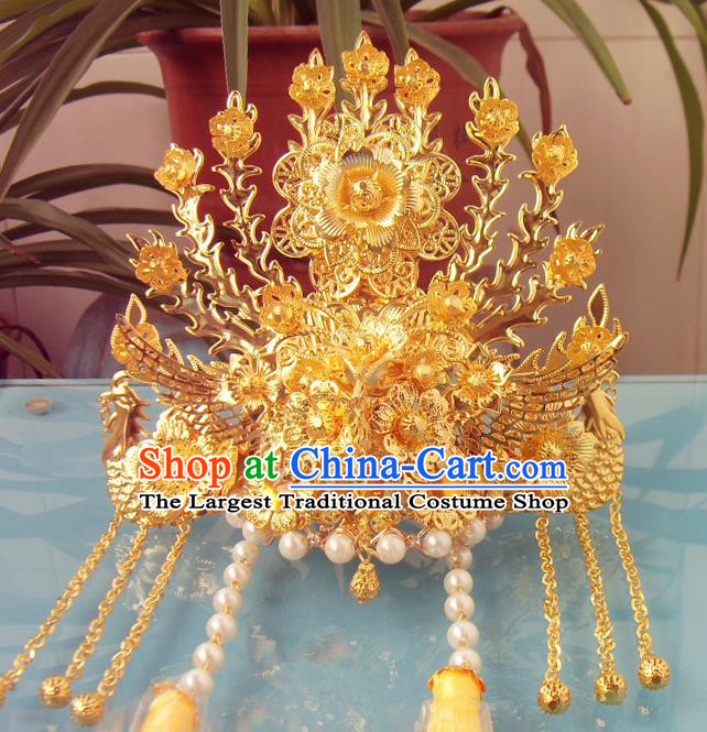 Chinese Traditional Goddess Golden Phoenix Coronet Hairpins Ancient Princess Hair Accessories for Women