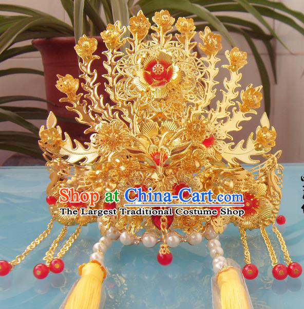 Chinese Traditional Goddess Golden Tassel Phoenix Coronet Hairpins Ancient Princess Hair Accessories for Women