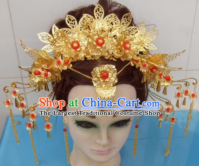 Chinese Traditional Goddess Hairpins Golden Phoenix Coronet Ancient Bride Hair Accessories for Women