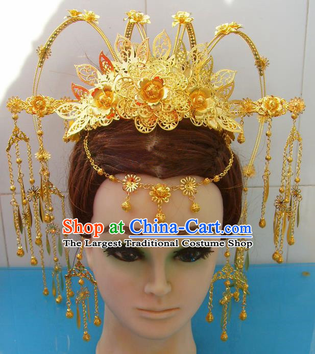 Chinese Traditional Goddess Hairpins Golden Peony Phoenix Coronet Ancient Bride Hair Accessories for Women