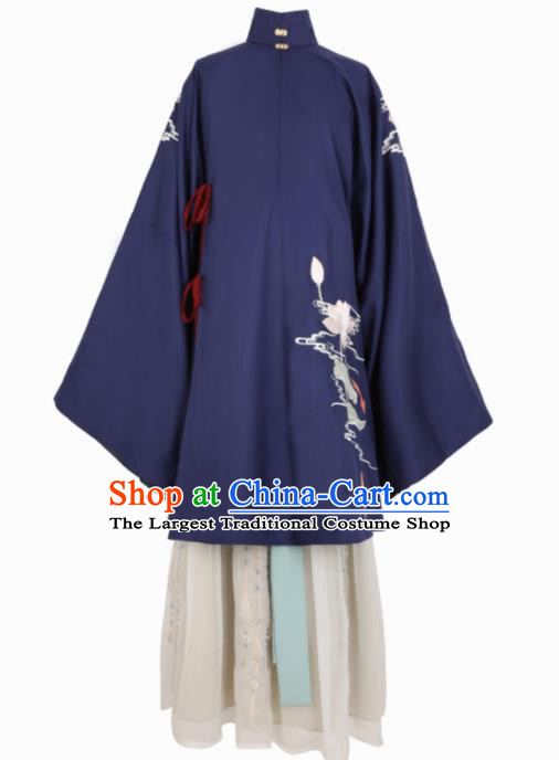 Chinese Traditional Navy Hanfu Dress Ancient Ming Dynasty Princess Embroidered Costume for Women