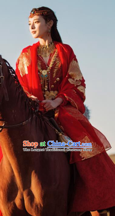 Traditional Chinese Drama Red Hanfu Dress Ancient Ethnic Princess Embroidered Replica Costume and Headpiece for Women